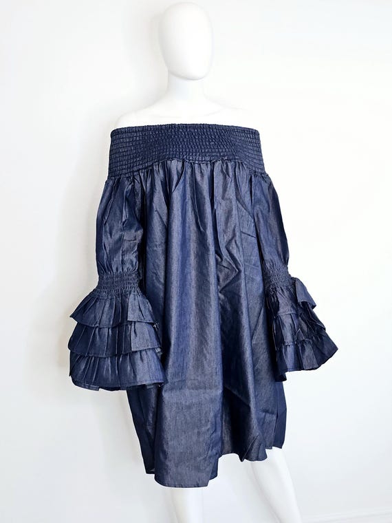 Denim Off-Shoulder Ruffle Sleeve Dress with Head Scarf Denim Off-Shoulder Ruffle Sleeve Dress with Head Scarf