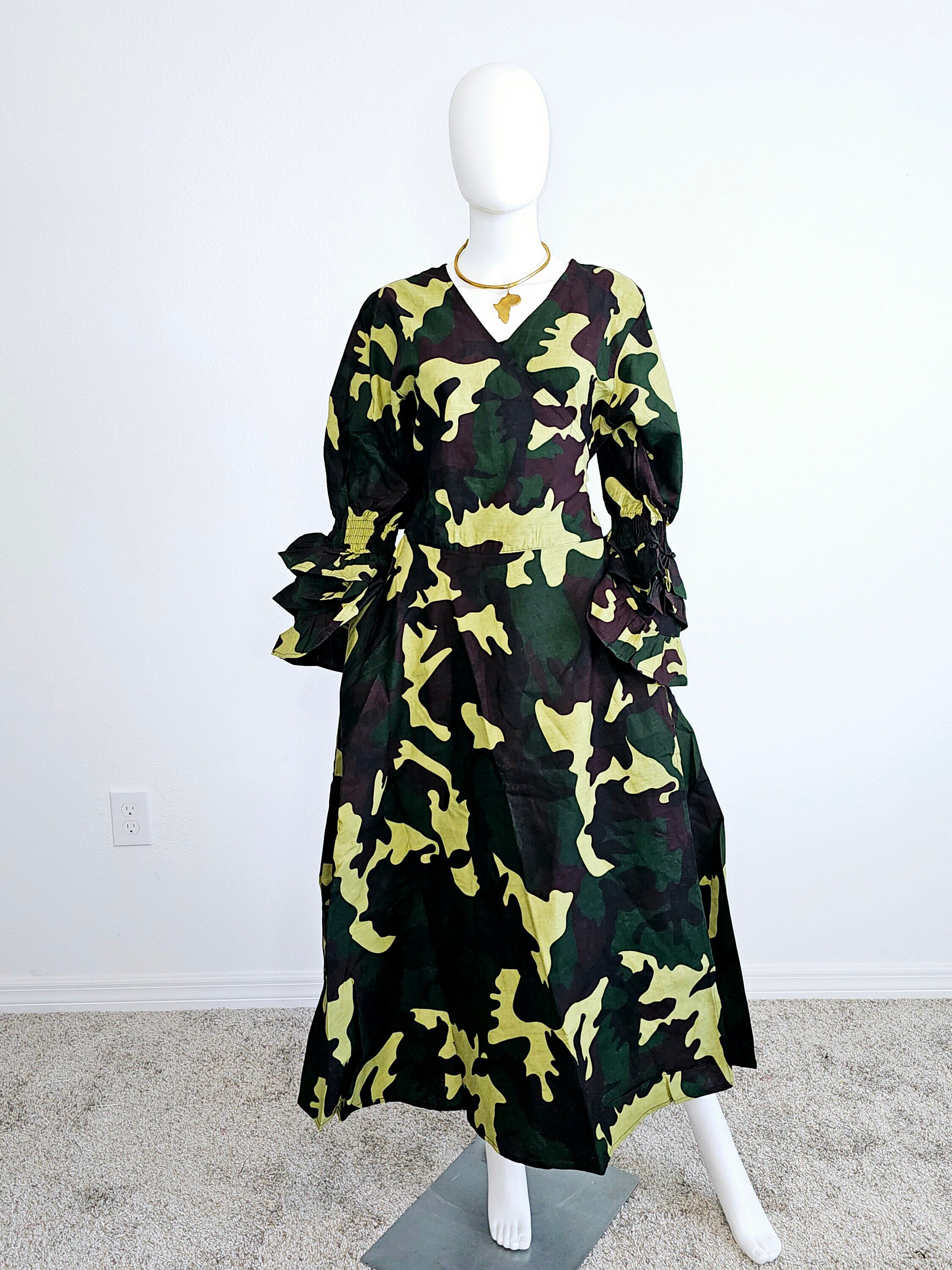 Camouflage Maxi Dress: African Ankara Print Cotton Wrap Dress
