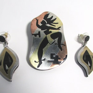 VTG 50&#39;s Mexican Marked Sterling Silver Cut Out Shadow Box Pin and Earrings