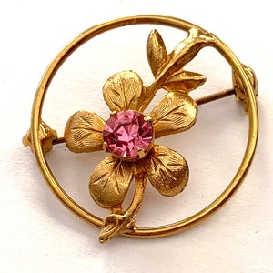 Vintage Gold Tone Flower Brooch Pin with Pink Rhinestone