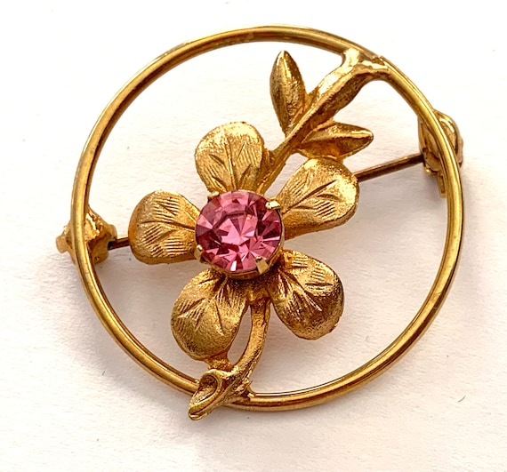 Broche Vintage Strass Roses - Ornée De Strass Deux Tons, Dorée, Occasion Bon état