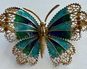 Vintage Chinese Export 800 Silver and Multicolor Plique-à-Jour Enamel Cannetille Butterfly Pin Brooch