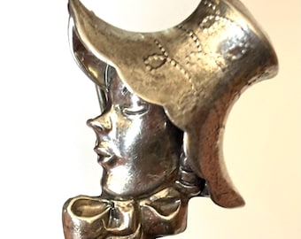 Vintage Lang Sterling Silver Woman with Hat and Ribbon Pin Brooch
