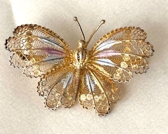Vintage Chinese Export 800 Silver and Multicolor Plique-à-Jour Enamel Cannetille Butterfly Pin Brooch