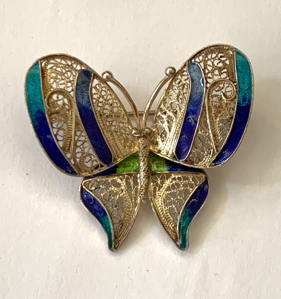 Vintage Silver Enamel Filigree Butterfly Brooch Pi