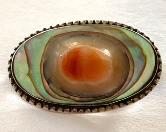 Vintage Sterling Silver Blister Pearl Oval Brooch Pin on Abalone