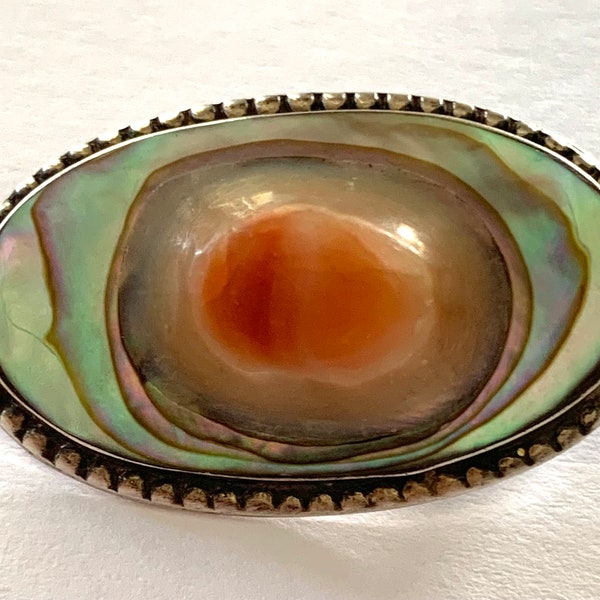 Vintage Sterling Silver Blister Pearl Oval Brooch Pin on Abalone