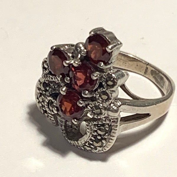 Vintage Garnet & Marcasite Sterling Silver Cocktail Ring, Size 6