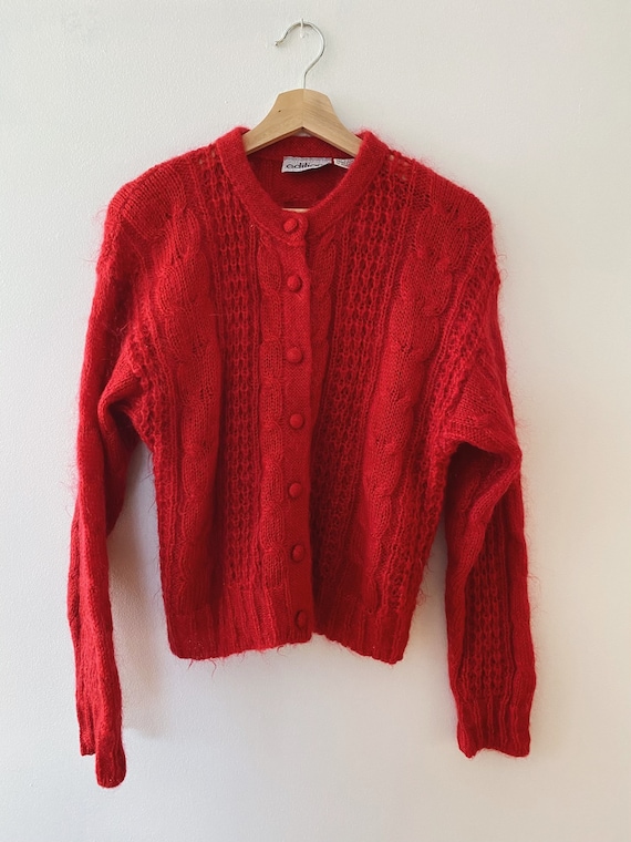 Vintage Mohair Cardigan Sweater, Red Jumper