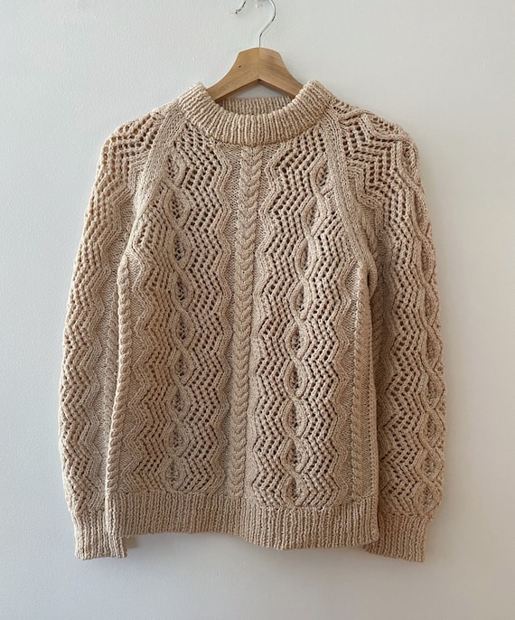 Vintage Oatmeal Coloured Wool Cable Knit Sweater,