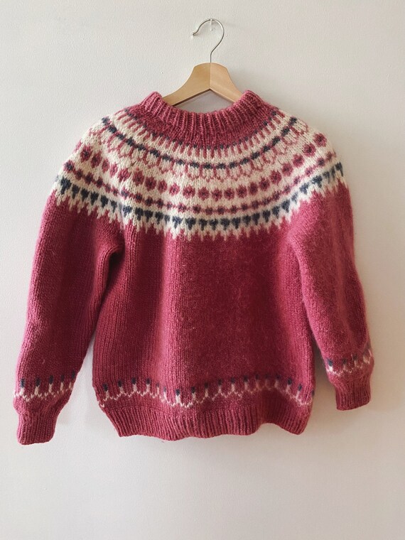 Vintage Lopi Wool Sweater, Hand Knit Pink Fair Isl