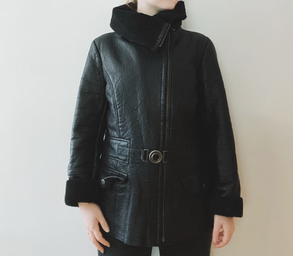 90s Black Leather Jacket Belted, Lined, Vintage Hi