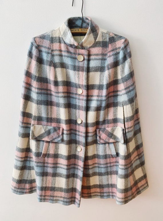 60s Wool Plaid Cape, Vintage Overcoat Cape Jacket