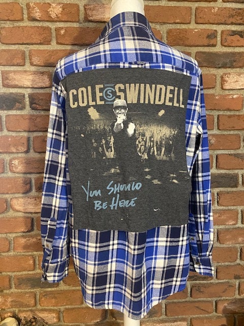 Custom-made to YOUR size and specs! Upcycled bleached flannel shirt with Rascal Flats Back to US  back patch