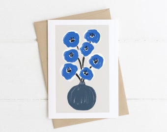 Blue vase of flowers greeting card. A6 luxury textured blank card. Art card.