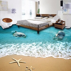 3D Due Simpatici Delfini JJ4260FF Pavimento Wallpaper Murals Auto-Adesive rimovibile Bath Floor Impermeabile pavimento Rug Mat Stampa Epoxy Kitchen