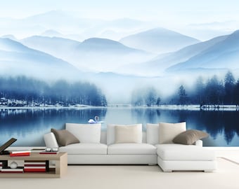 3D Hazy Blue Mountains ZZ046 Self-adhesive Wallpaper Mural Peel and Stick Wallpaper Removable Wall Prints Stickers Feature Wall Wallpaper