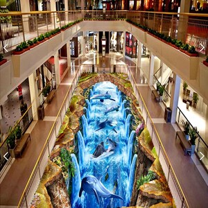 Cascata 3D e delfini JJ6342FF Sfondo pavimento Murales Autoadesivo Pavimento da bagno rimovibile Pavimento impermeabile Tappeto Mat Stampa Epoxy Cucina