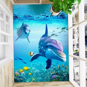 3D Cartoon Niedliche Delfine JJ9701FF Boden Tapete Wandbilder selbstklebend abnehmbar Bad Boden Boden Matte Druck Epoxy Küche