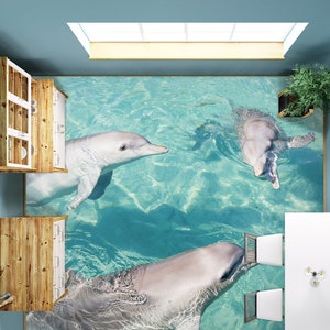 3D Animale Tre Delfini JJ2038FF Pavimento Carta da parati Murales Autoadesivo Rimovibile Pavimento da bagno Pavimento impermeabile Tappeto Mat Print Cucina epossidica