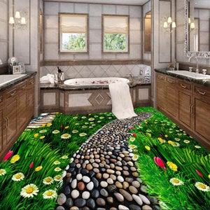 Puede incluir: Un suelo de baño con un diseño impreso en 3D de un camino de piedra a través de un campo de hierba verde y margaritas blancas.