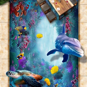 3D delfini e tartarughe JJ5795FF Pavimento Wallpaper Murals Auto-Adessive rimovibile Bath Floor impermeabile pavimento Rug Mat Stampa Epoxy Kitchen