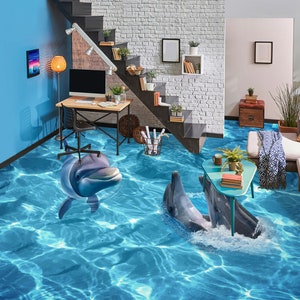 3D Gioioso Delfino JJ3289FF Pavimento Carta da parati Murales Autoadesivo Rimovibile Pavimento Bagno Impermeabile Tappeto Tappeto Stampa Epoxy Cucina
