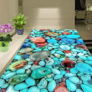 3D Blue Pebbles JJ6123FF Floor Wallpaper Murals Self-Adhesive Removable Bath Floor Waterproof floor Rug Mat Print Epoxy Kitchen