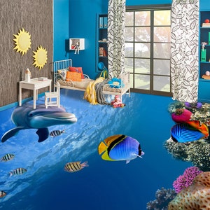 Delfino 3D e pesce colorato JJ3285FF Floor Wallpaper Murales Autoadesivo Pavimento da bagno rimovibile Pavimento impermeabile Tappeto Mat Stampa Epoxy Kitchen