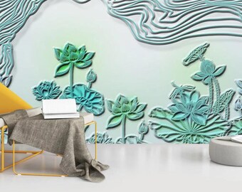 3D Line Lotus ZZ3818 Self-adhesive Wallpaper Mural Peel and Stick Wallpaper Removable Wall Prints Stickers Feature Wall Wallpaper