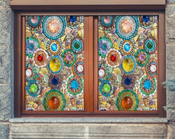3D Colored Gems W011 Window Film Print Sticker Cling Stained Glass Xmas Window Decor UV Heat Control Glass Privacy Window Film Romy