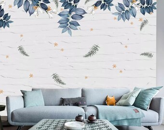 3D Dark Blue Leaves ZZ3335 Self-adhesive Wallpaper Mural Peel and Stick Wallpaper Removable Wall Prints Stickers Feature Wall Wallpaper