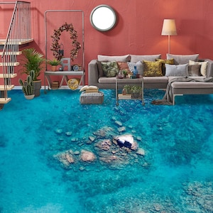 3D Cool Blue Sea JJ2916FF Floor Wallpaper Murals Self-Adhesive Removable Bath Floor Waterproof floor Rug Mat Print Epoxy Kitchen