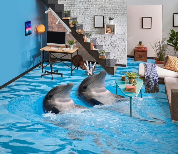 3D Dos delfines cómodos JJ7945FF Fondo de pantalla Murales - Etsy México