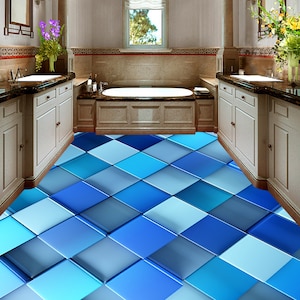 3D Blue Squares JJ5946FF Floor Wallpaper Murals Self-Adhesive Removable Bath Floor Waterproof floor Rug Mat Print Epoxy Kitchen