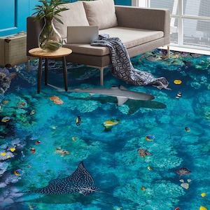 3D Blue Ocean Coral JJ2453FF Floor Wallpaper Murals Self-Adhesive Removable Bath Floor Waterproof floor Rug Mat Print Epoxy Kitchen