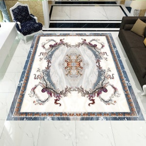 Könnte beinhalten: Ein weiß-blauer Teppich mit floralem Muster. Der Teppich hat einen blauen Rand mit einem weißen und goldenen Muster.