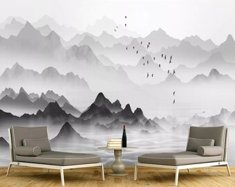 3D Ink Mountains ZZ3371 Self-adhesive Wallpaper Mural Peel and Stick Wallpaper Removable Wall Prints Stickers Feature Wall Wallpaper