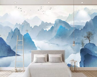 3D Blue Ink Mountains ZZ3143 Self-adhesive Wallpaper Mural Peel and Stick Wallpaper Removable Wall Prints Stickers Feature Wall Wallpaper