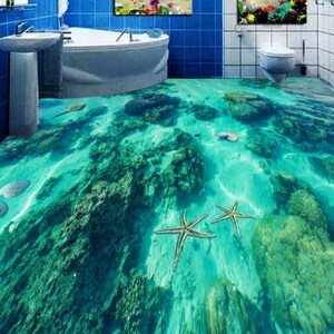 3D Light Blue Sea JJ4859FF Floor Wallpaper Murals Self-Adhesive Removable Bath Floor Waterproof floor Rug Mat Print Epoxy Kitchen