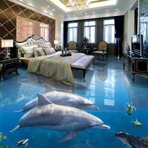 3D Tre Delfini Grigi JJ4953FF Pavimento Wallpaper Murals Auto-Adesive rimovibile Pavimento bagno pavimento impermeabile Rug Mat Stampa Epoxy Cucina