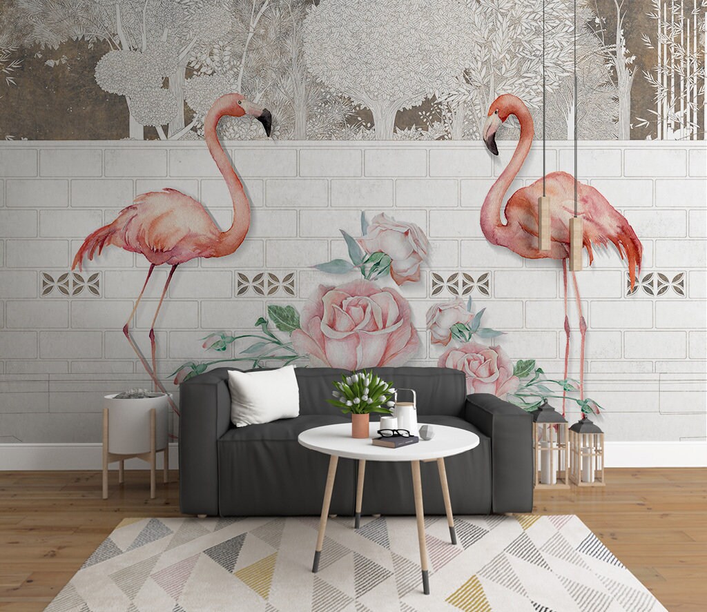 3D Two Flamingos ZZ205 Selfadhesive Wallpaper Mural Peel and Stick