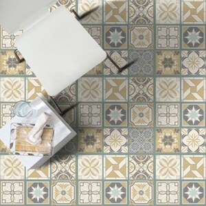 May include: A patterned floor tile design with a mix of blue, green, and yellow colors. The tiles feature geometric and floral patterns.