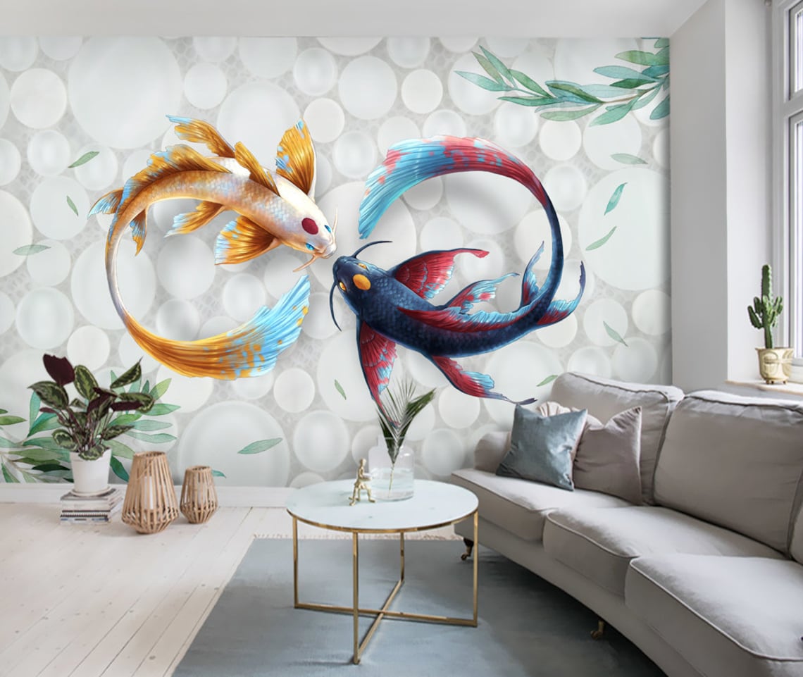 3D Two Lucky Fish ZZ671 Selfadhesive Wallpaper Mural Peel and Stick