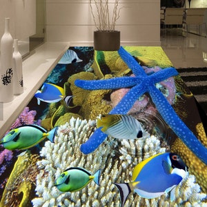 3D Giant Blue Starfish JJ4920FF Floor Wallpaper Murals Self-Adhesive Removable Bath Floor Waterproof floor Rug Mat Print Epoxy Kitchen
