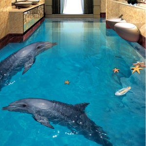 3D Due Delfini Silenzio JJ4578FF Pavimento Wallpaper Murals Auto-Adesive rimovibile Bath Floor pavimento impermeabile Rug Mat Stampa Epoxy Kitchen