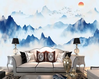 3D Blue Mountains ZZ3324 Self-adhesive Wallpaper Mural Peel and Stick Wallpaper Removable Wall Prints Stickers Feature Wall Wallpaper