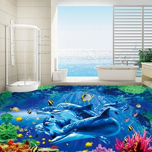 3D Tipo Delfini JJ4976FF Pavimento Wallpaper Murals Auto-Adesivo rimovibile pavimento da bagno pavimento impermeabile Rug Mat Stampa Epoxy Cucina