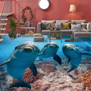 3D Tre simpatici delfini JJ2325FF Floor Wallpaper Murales Autoadesivo Pavimento da bagno rimovibile Pavimento impermeabile Tappeto Mat Stampa Epoxy Kitchen
