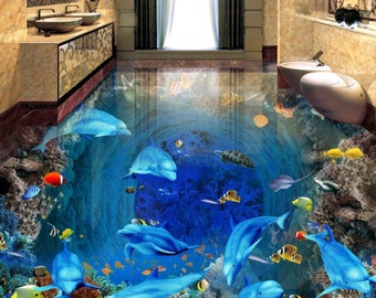 3D Psychedelic Ocean JJ5521FF Floor Wallpaper Murals Self-Adhesive Removable Bath Floor Waterproof floor Rug Mat Print Epoxy Kitchen